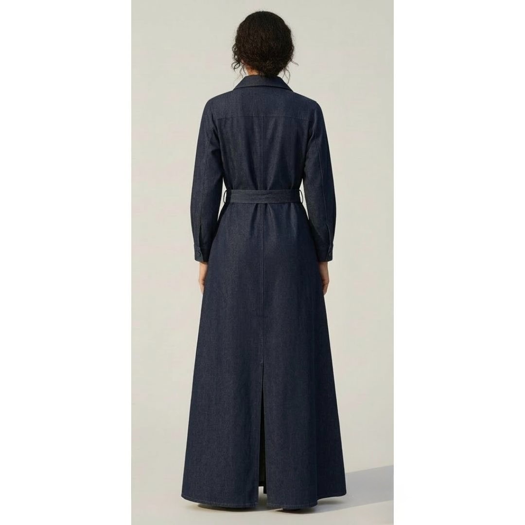 Denim Abaya Dress, Lightweight Modest Maxi Coat, Button Down Belted Sustainable