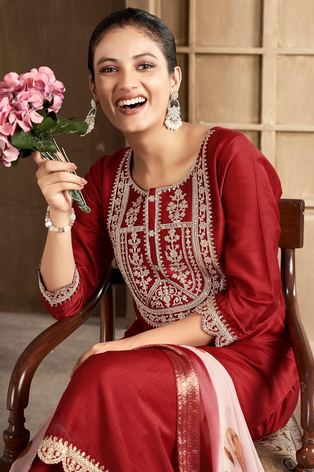 Women’s Solid Chinon Embroidered Kurta and Pant with Dupatta Set