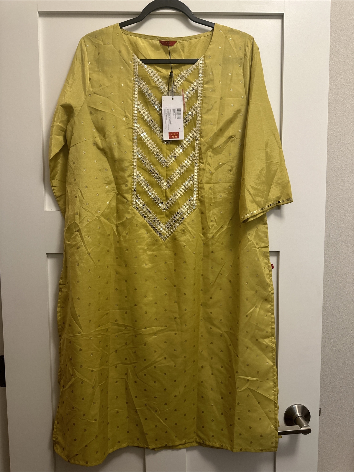 W Women Round Neck Kurta Boho Indian Bollywood Shirt Dress Gold Sequence 10 NEW