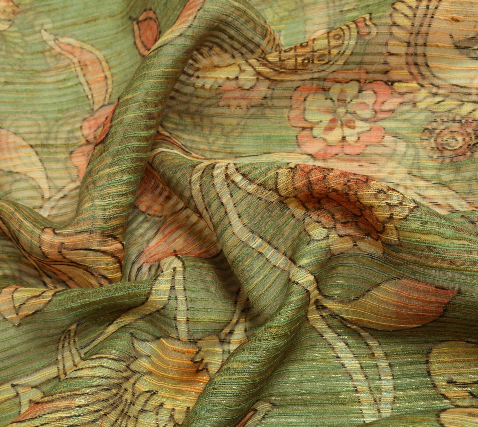 Sushila Vintage Green Silk Saree Kalamkari Printed & Woven Peacock Sari Fabric