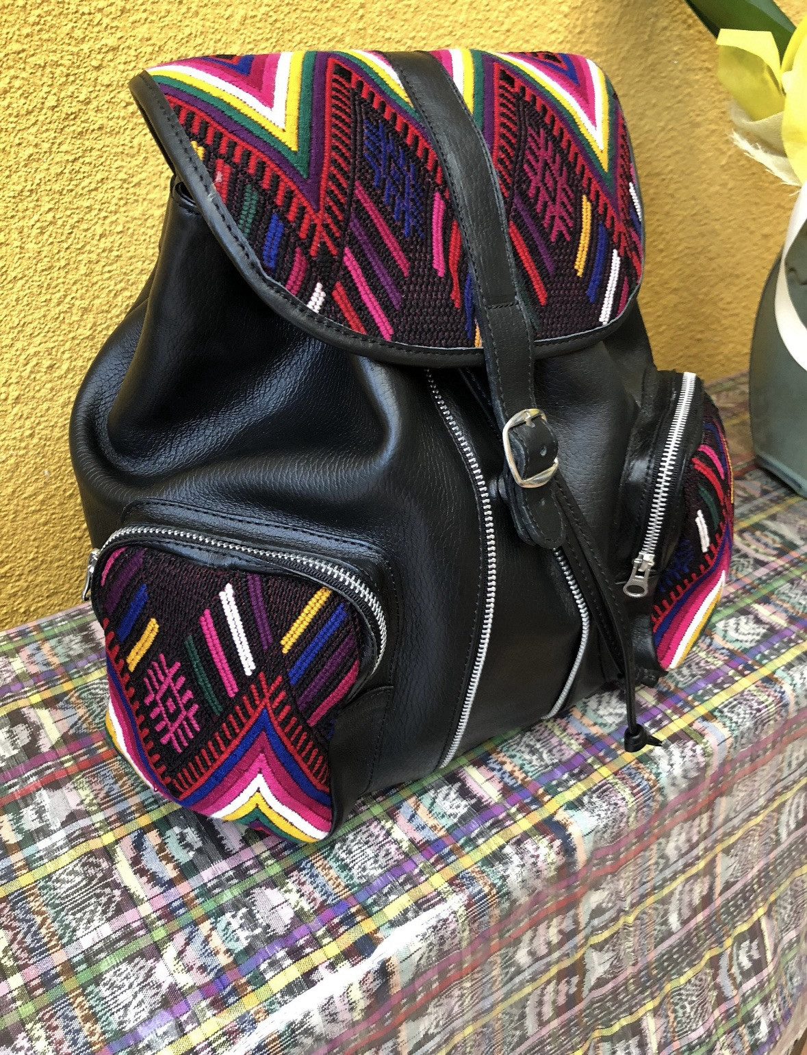 Gorgeous Black Leather Backpack with Huipil from Chichicastenango in Guatemala