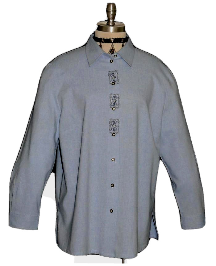 XL 2XL Bust 48″ / BLUE COTTON Austria LONG SLEEVE Blouse Shirt Top EMBROIDERY