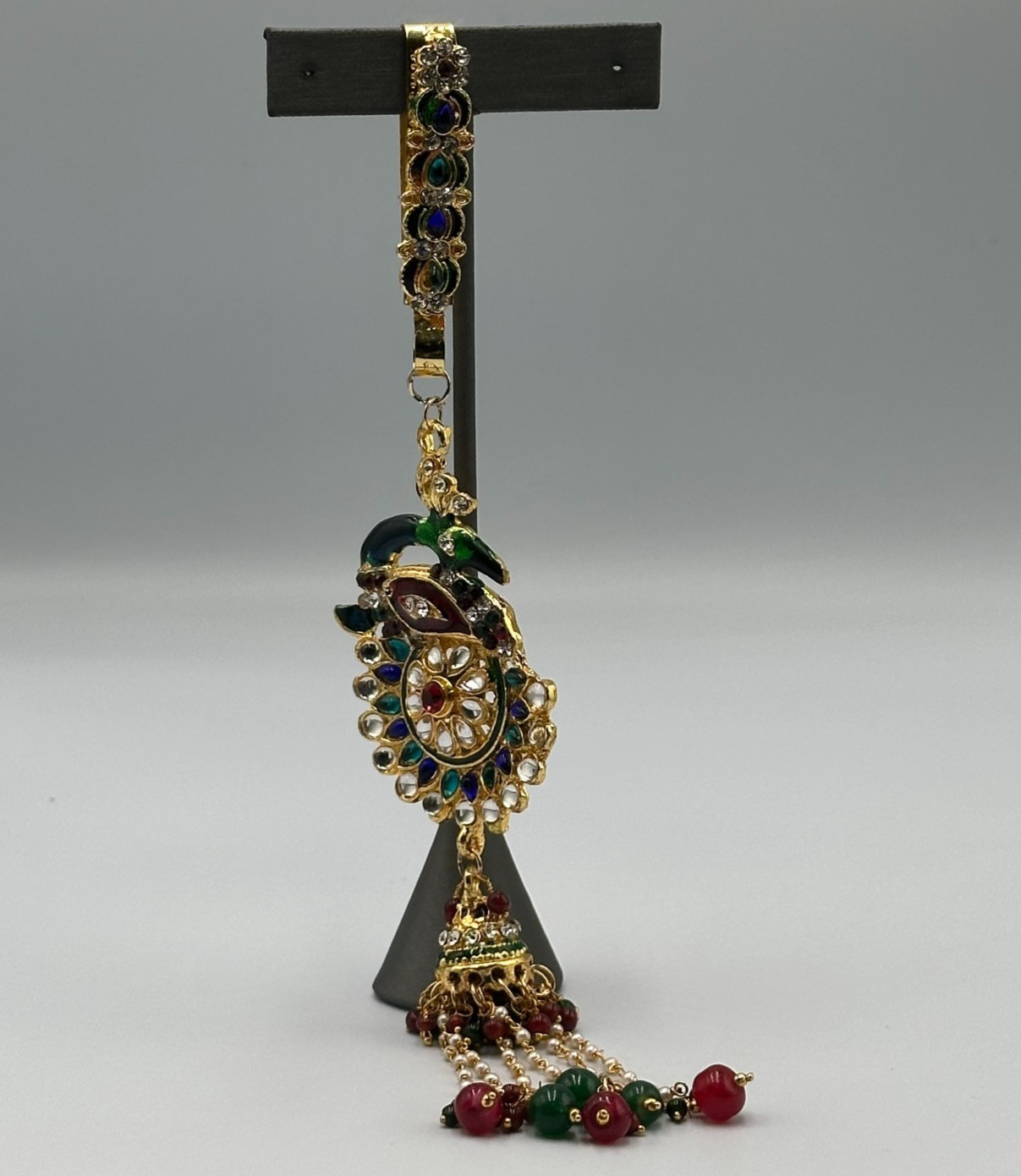 Kundan Sari Clip Gold Tone Meenakari Peacock Multicolor Beads Tassel