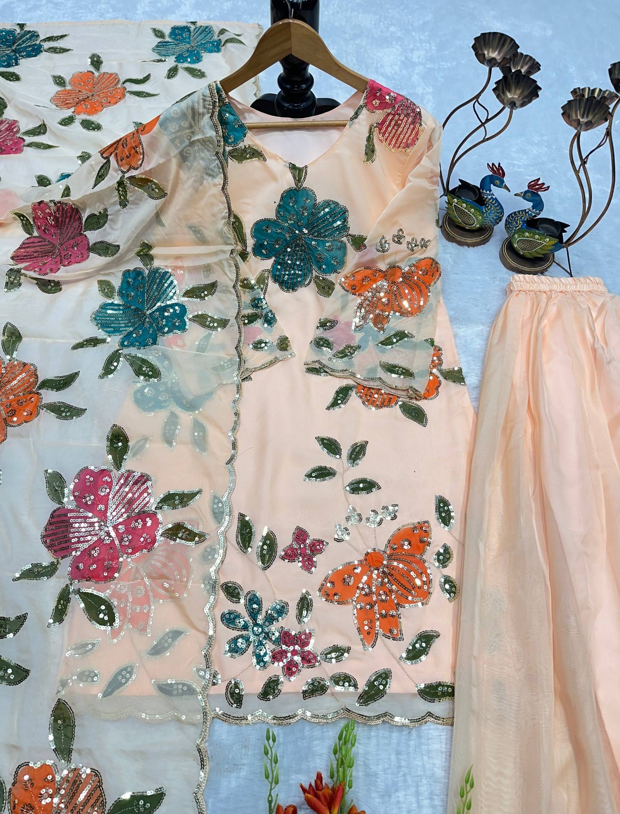 Peach Soft Tabby Organza Top Palazzo With Dupatta For Indian Festival Wear