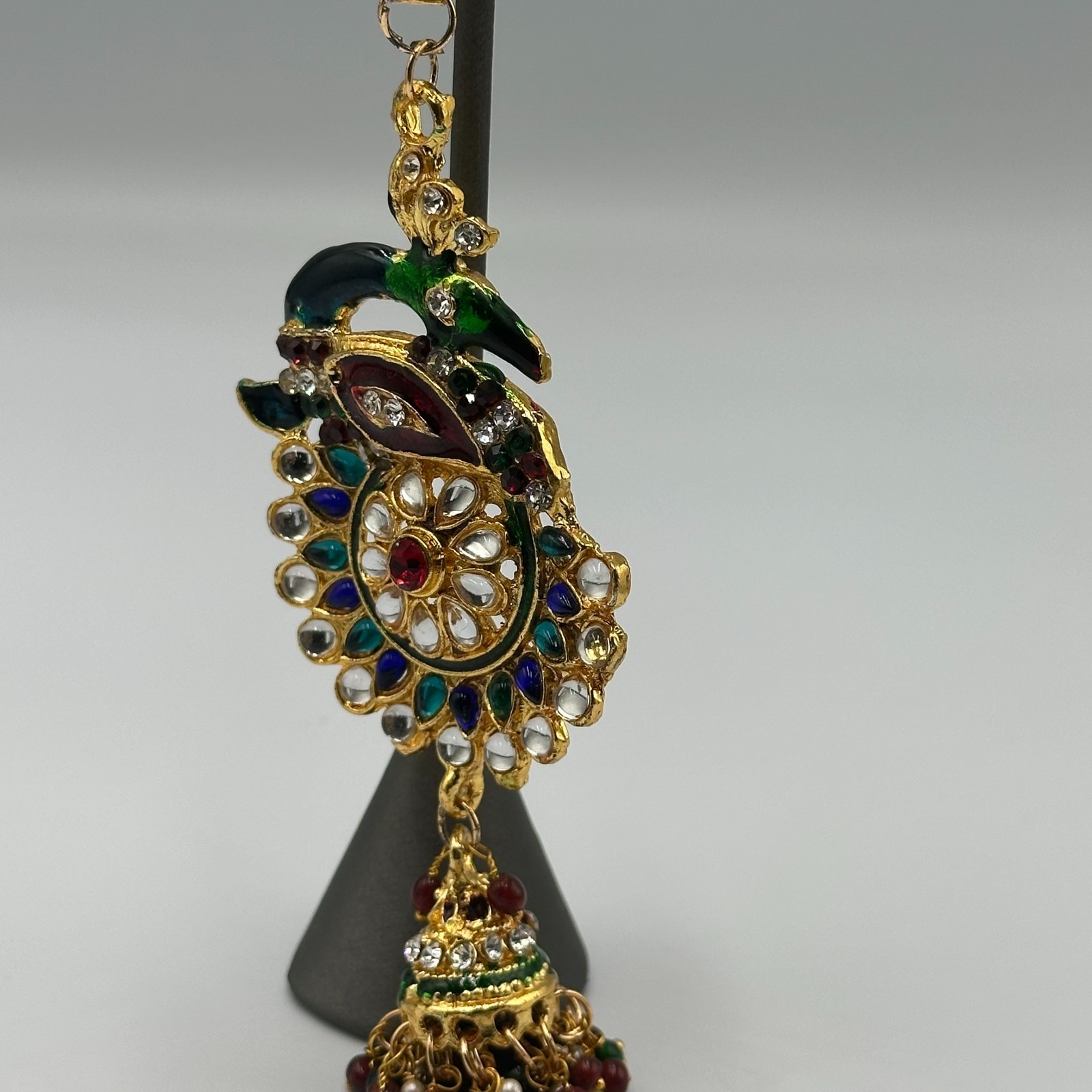 Kundan Sari Clip Gold Tone Meenakari Peacock Multicolor Beads Tassel