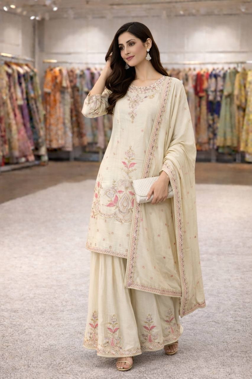Eid Reception Party Wear Chinon Silk Sharara Plazzo Suit