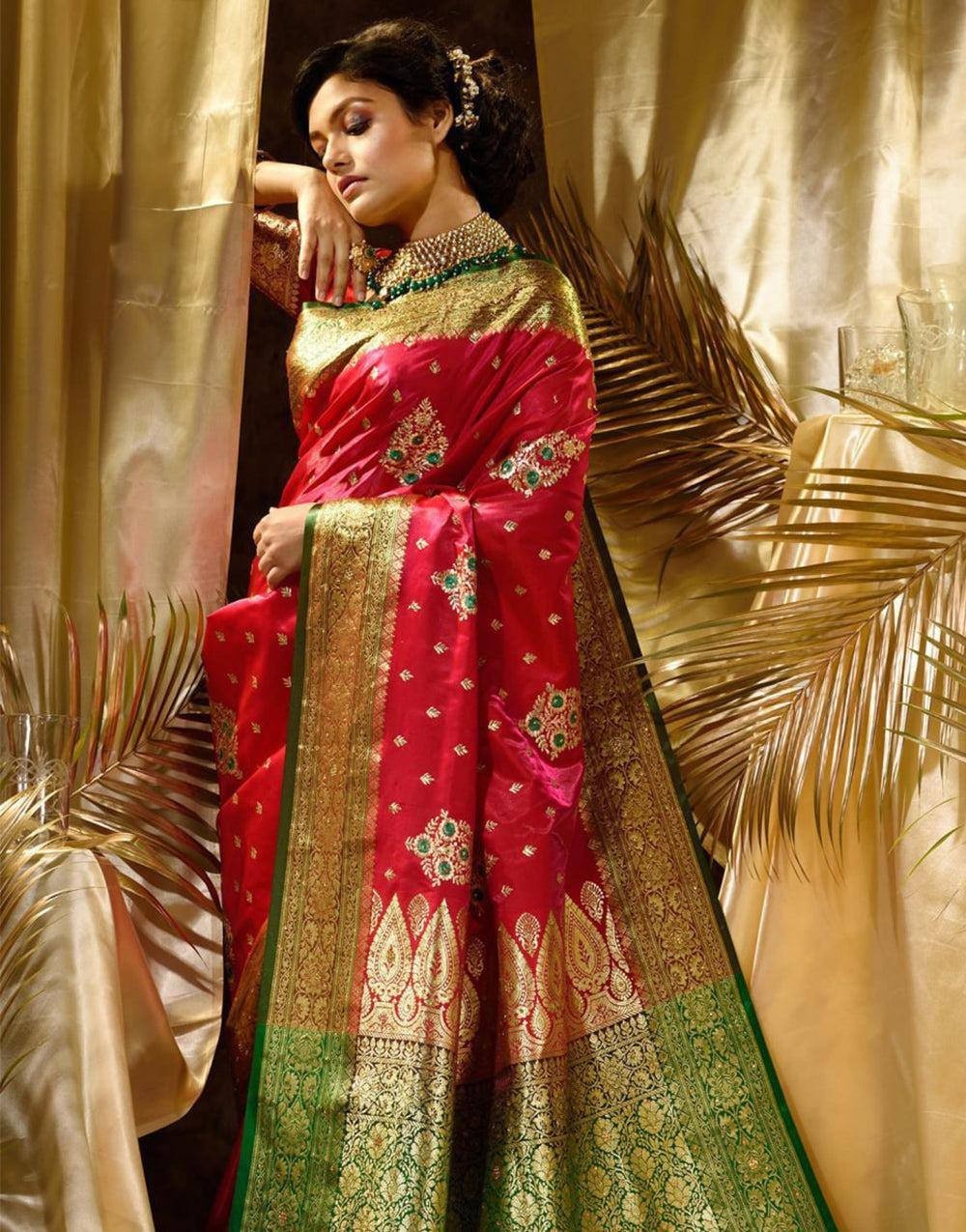 Indian Wedding Bollywood Saree Red Green Jacquard Soft Lichi Silk Designer Wear