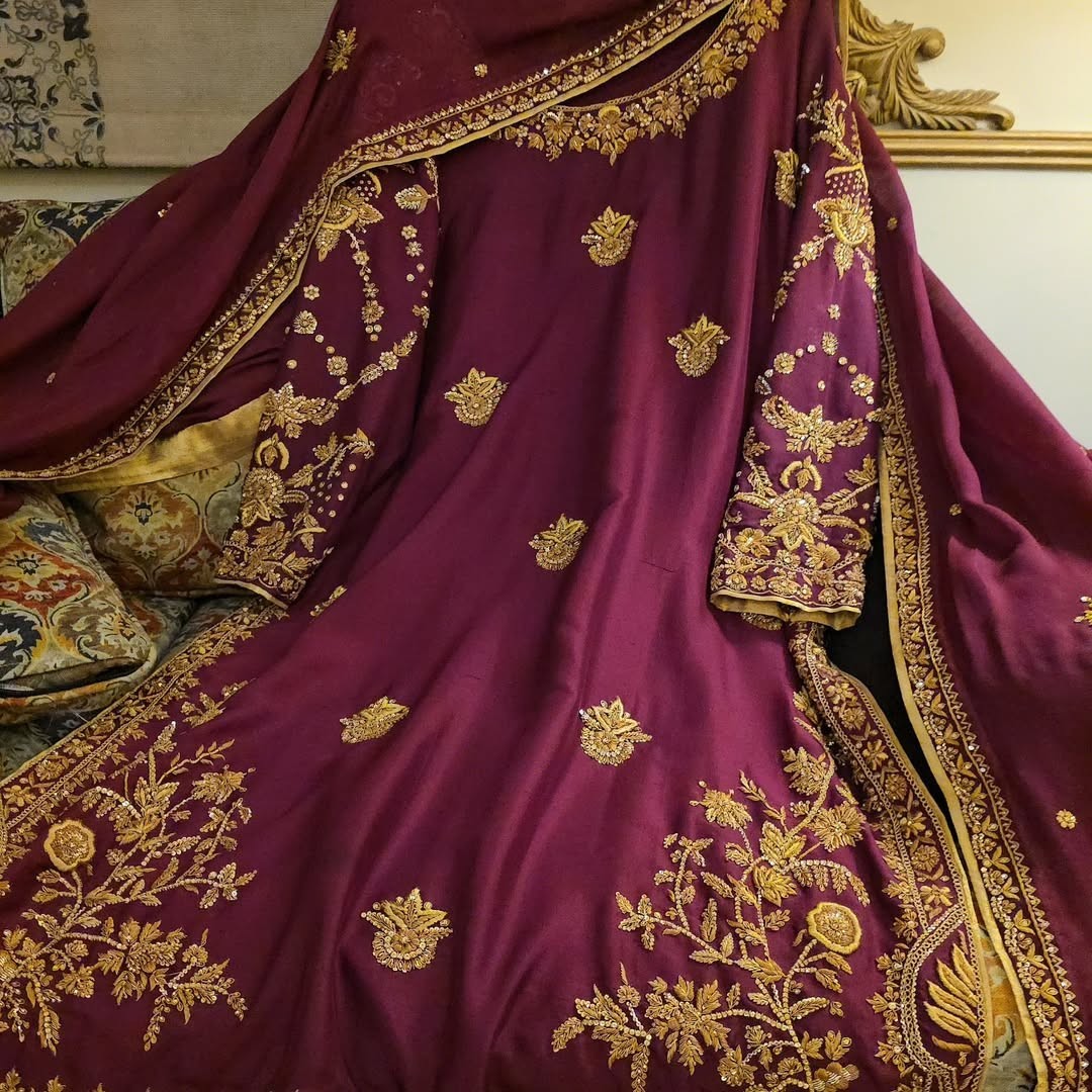 Royal Wine Designer Suit with Intricate Gold Hand Embroidery
