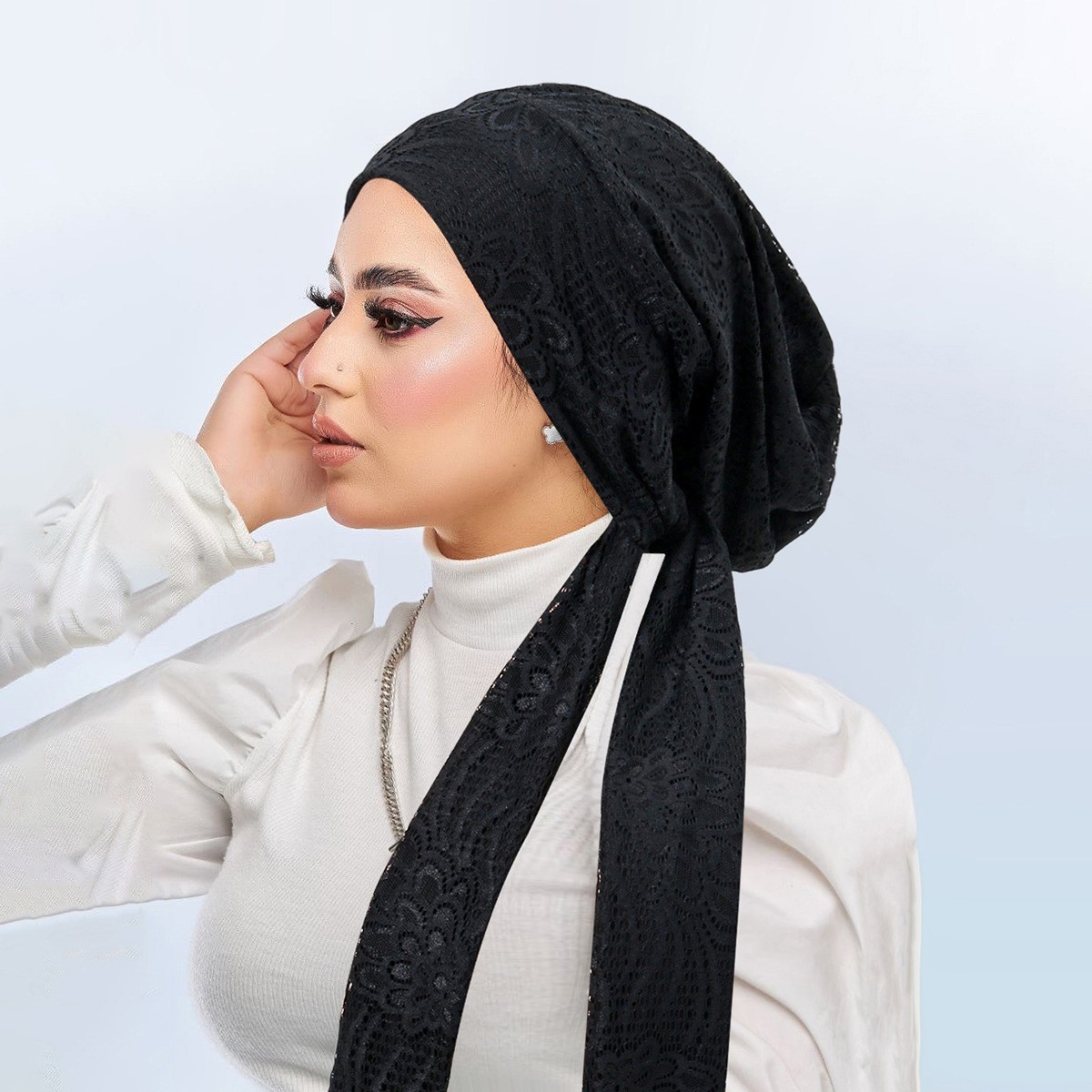 Muslim Women Bonnet Cap Head Wrap Lace Crinkle Long Tail Pre-Tied Turban Hijabs