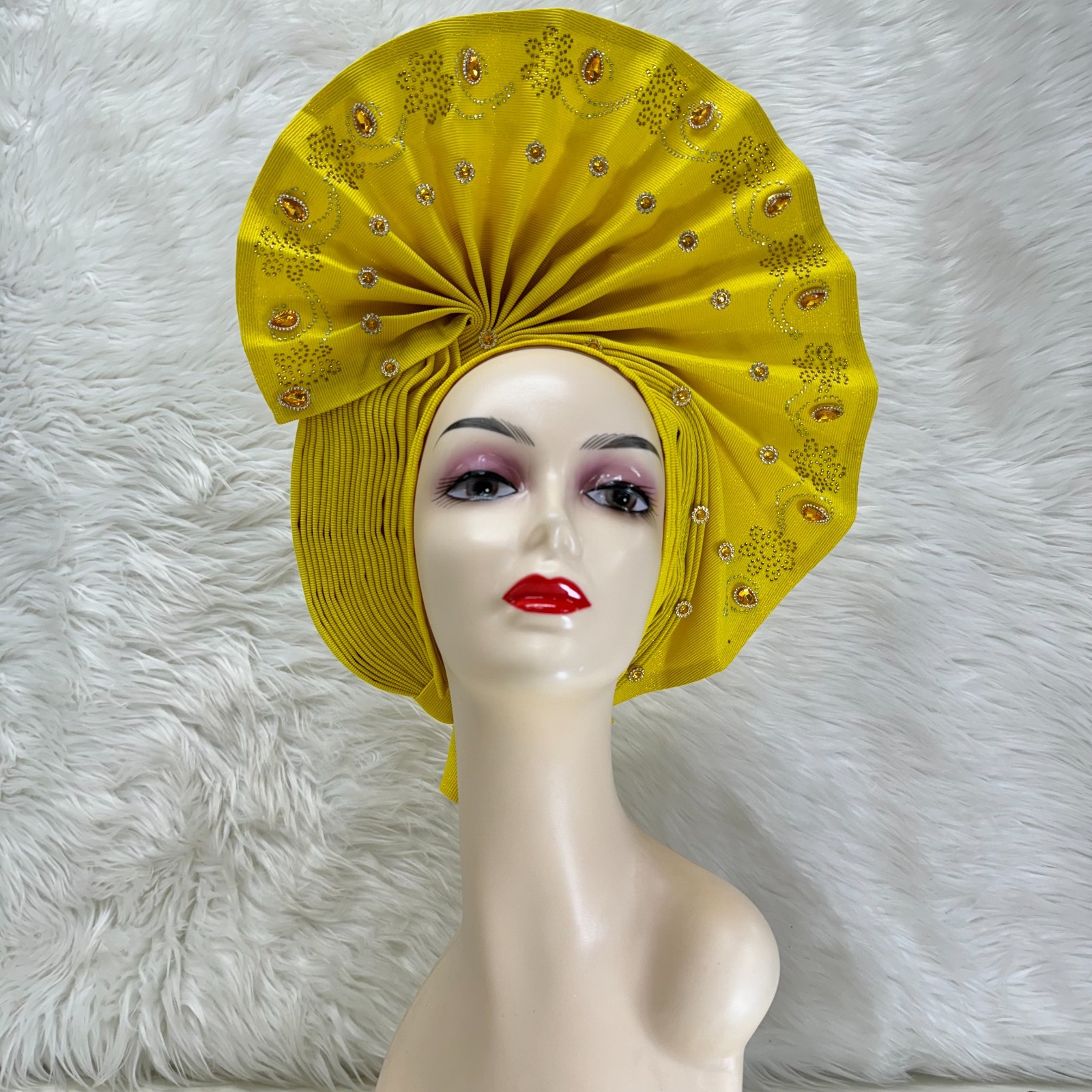 YQOINFKS African Fabrics Turban Headtie Made Aso-Oke Gele Beaded Head Wear Hat