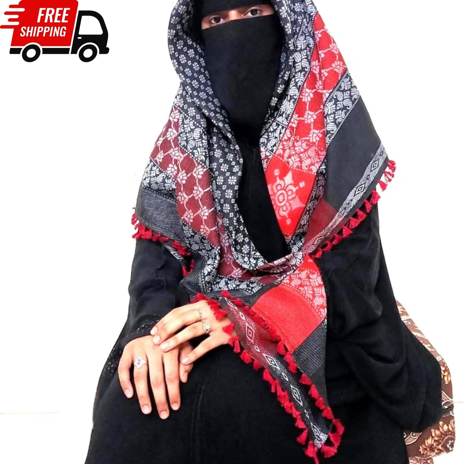 Traditional Palestinian Keffiyeh Scarf Unisex Shemagh Tassel Red Black Wrap