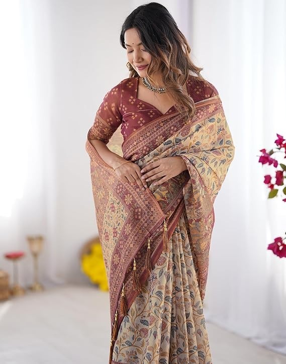 Women’s Cotton Linen Printed Handloom Saree with Unstitched Blouse Piece