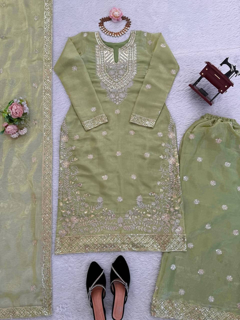 Stylish Heavy Silk Pista Green Top Palazzo With Dupatta For Indian Party Wear