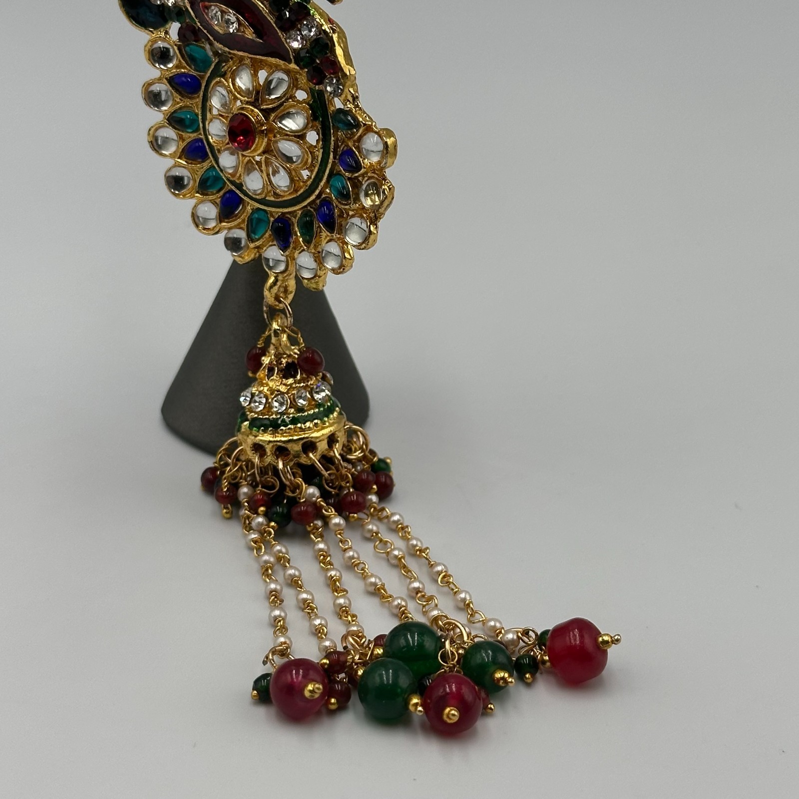 Kundan Sari Clip Gold Tone Meenakari Peacock Multicolor Beads Tassel