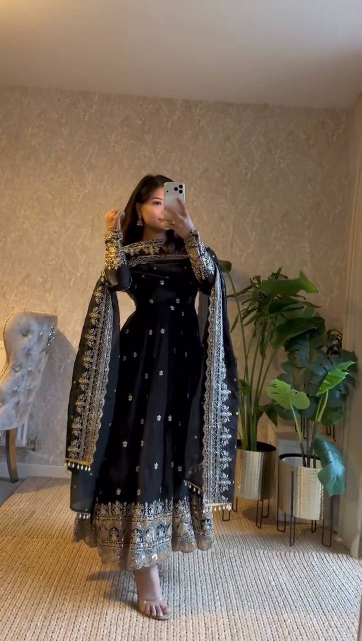 Designer Fandy Silk Anarkali Gown with Dupatta & Pant Wedding Dress