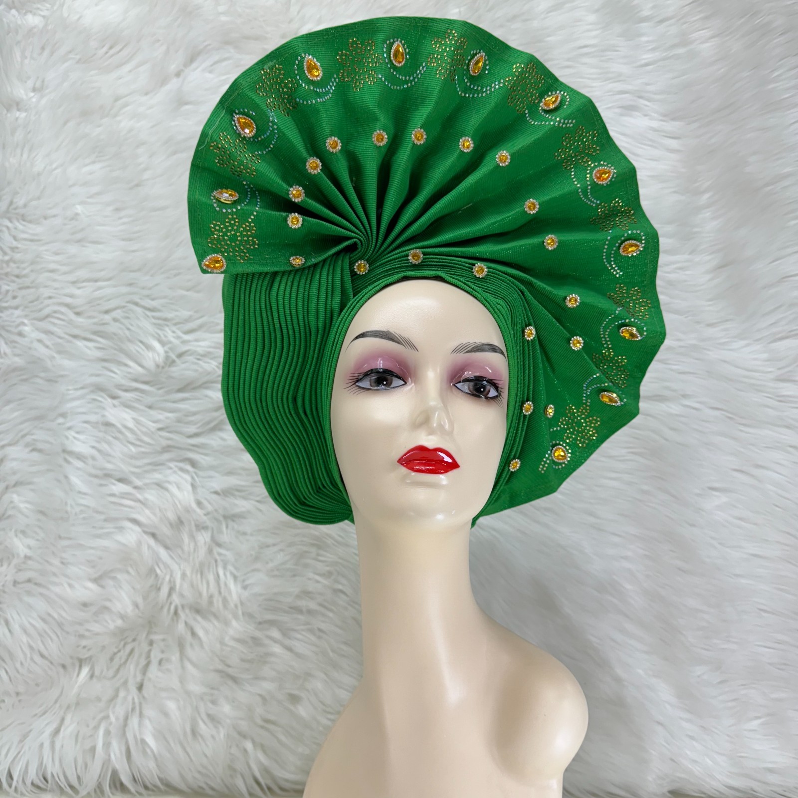 YQOINFKS African Fabrics Turban Headtie Made Aso-Oke Gele Beaded Head Wear Hat