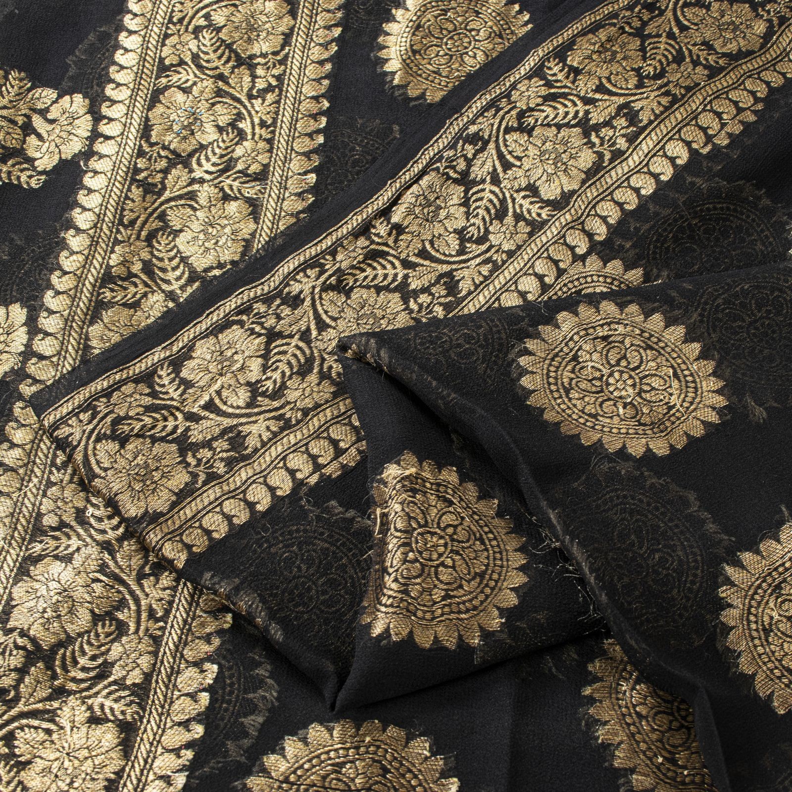 Sanskriti Vintage Saree Black Pure Georgette Banarasi Brocade Sari 5+Yard Fabric