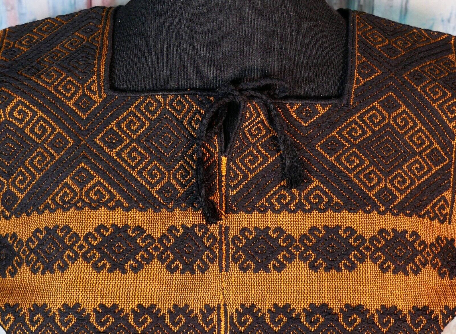 Huipil Mayan Gold & Black Pinstripe Handwoven Backstrap Loom Chiapas Mexico Boho
