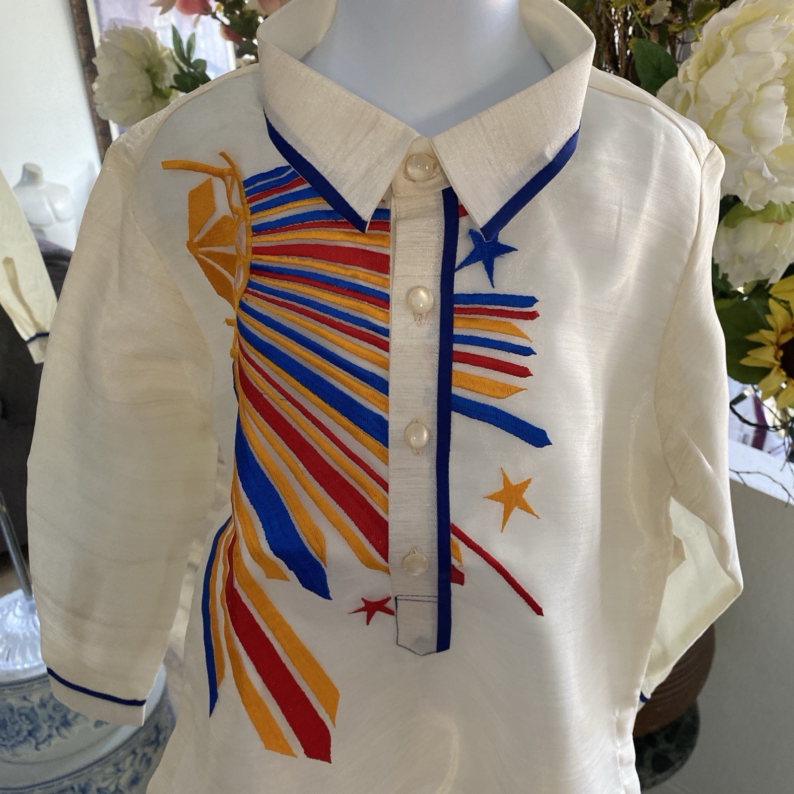 Barong Tagalog Embroidered White Kids’ Barong Shirt with Bright Starburst Motif