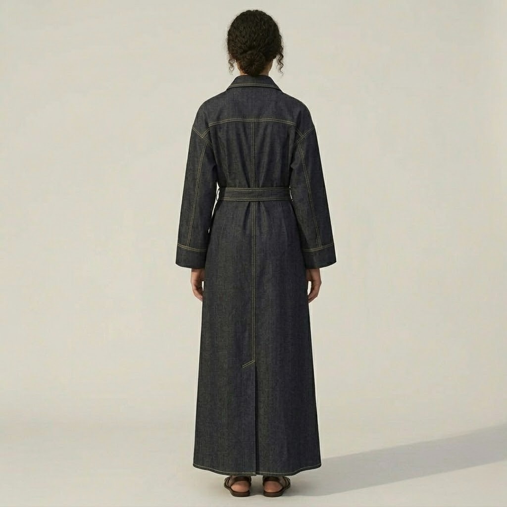 Denim Abaya Dress, Lightweight Modest Maxi Coat, Button Down Belted Sustainable