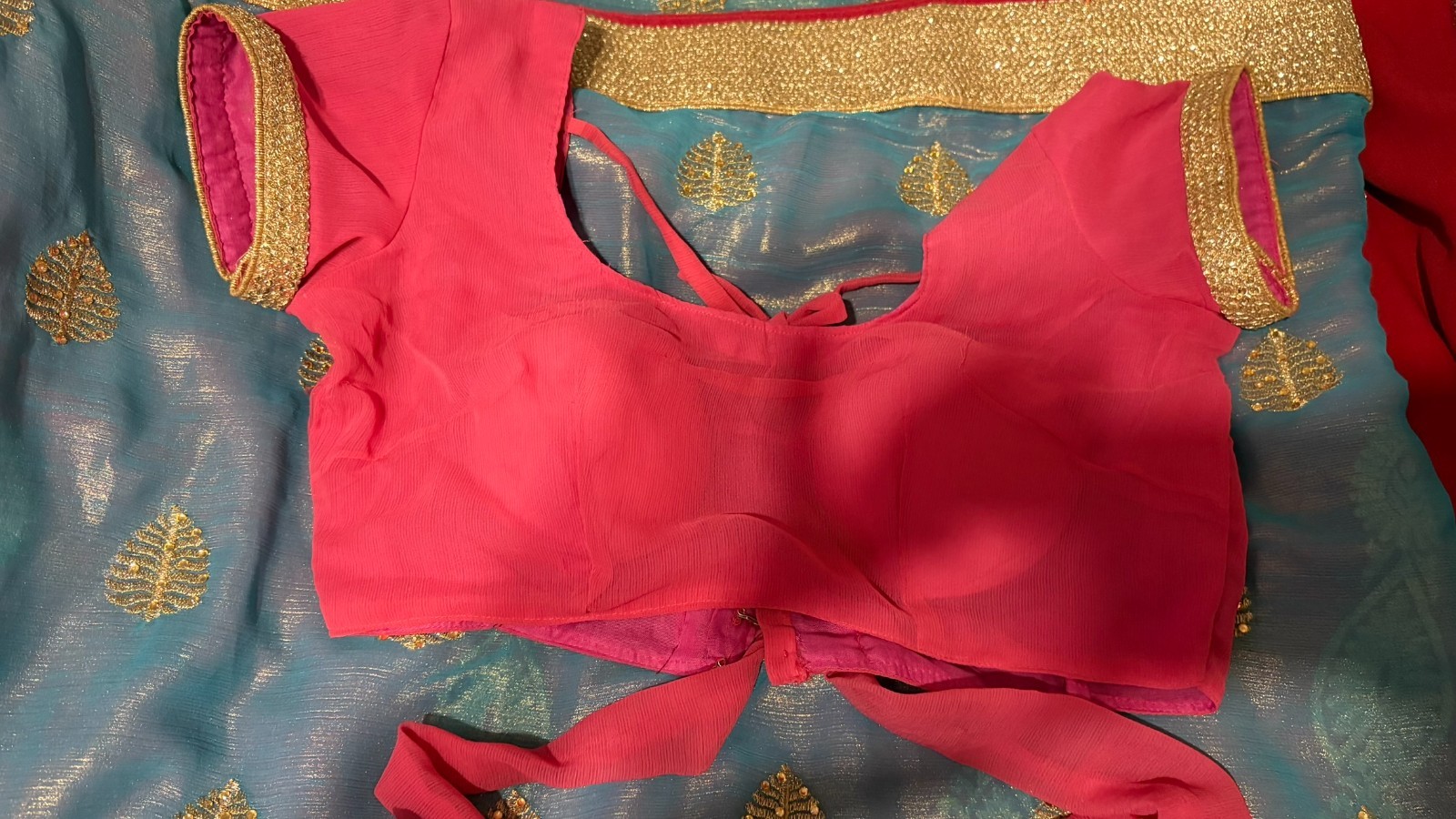 Bollywood Saree Shimmer Teal Blue Pink Heavy Gold Border motif Ready Blouse
