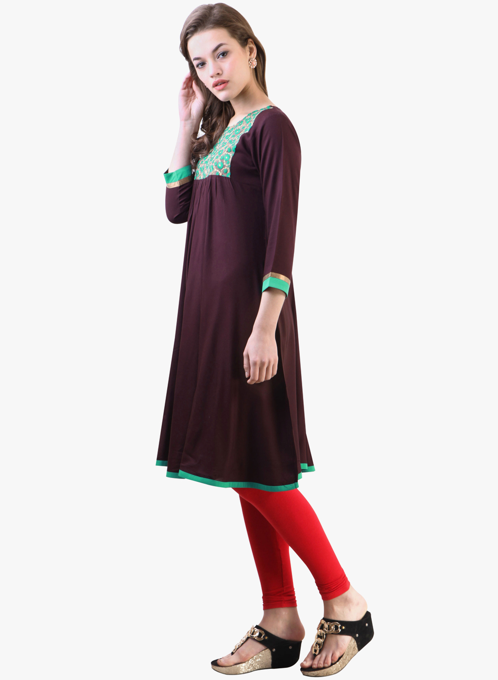 NWT Libas Embellished Kurta, Size Medium, Color Wine with Green/Gold Yoke #1a