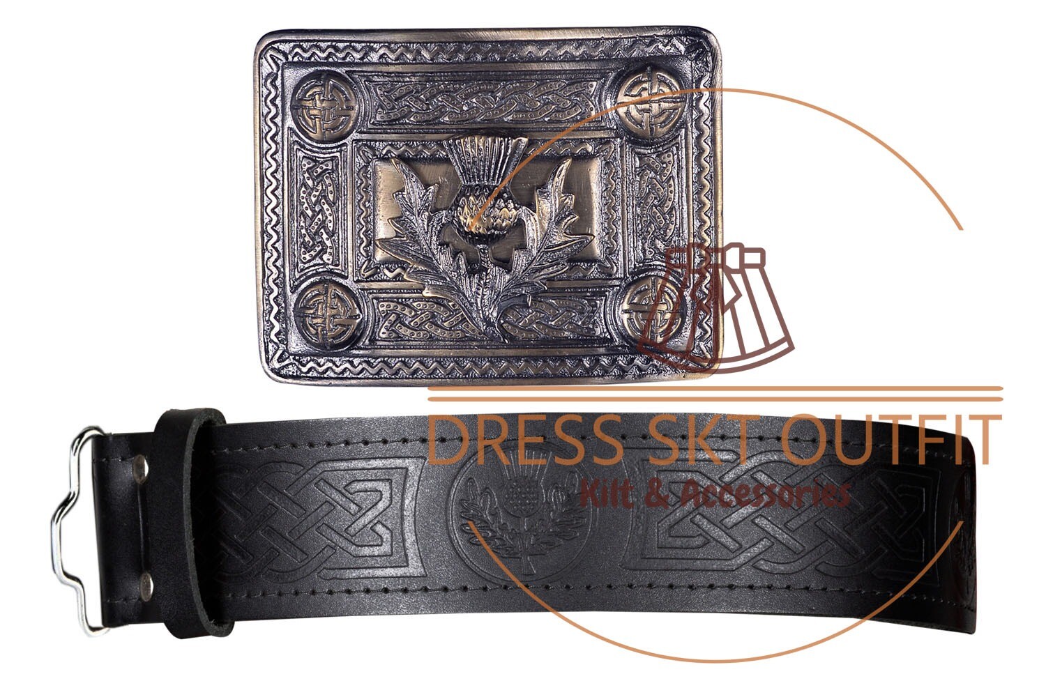Scottish Traditional Black Leather Embossed Kilt Belt with Antique Belt Buckle