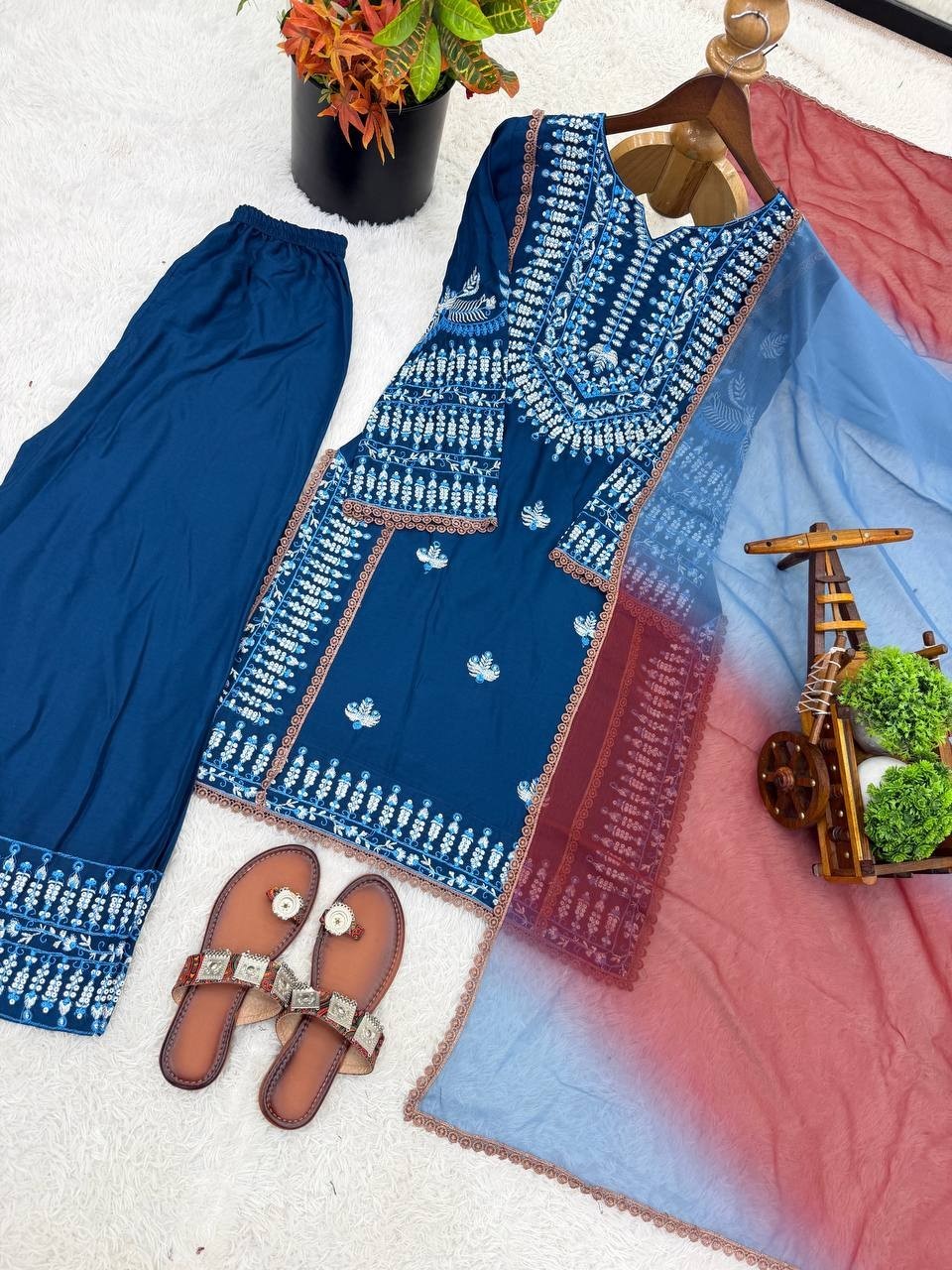 Stylish Look Rayon Cotton Blue Top Palazzo With Dupatta For Function Wear