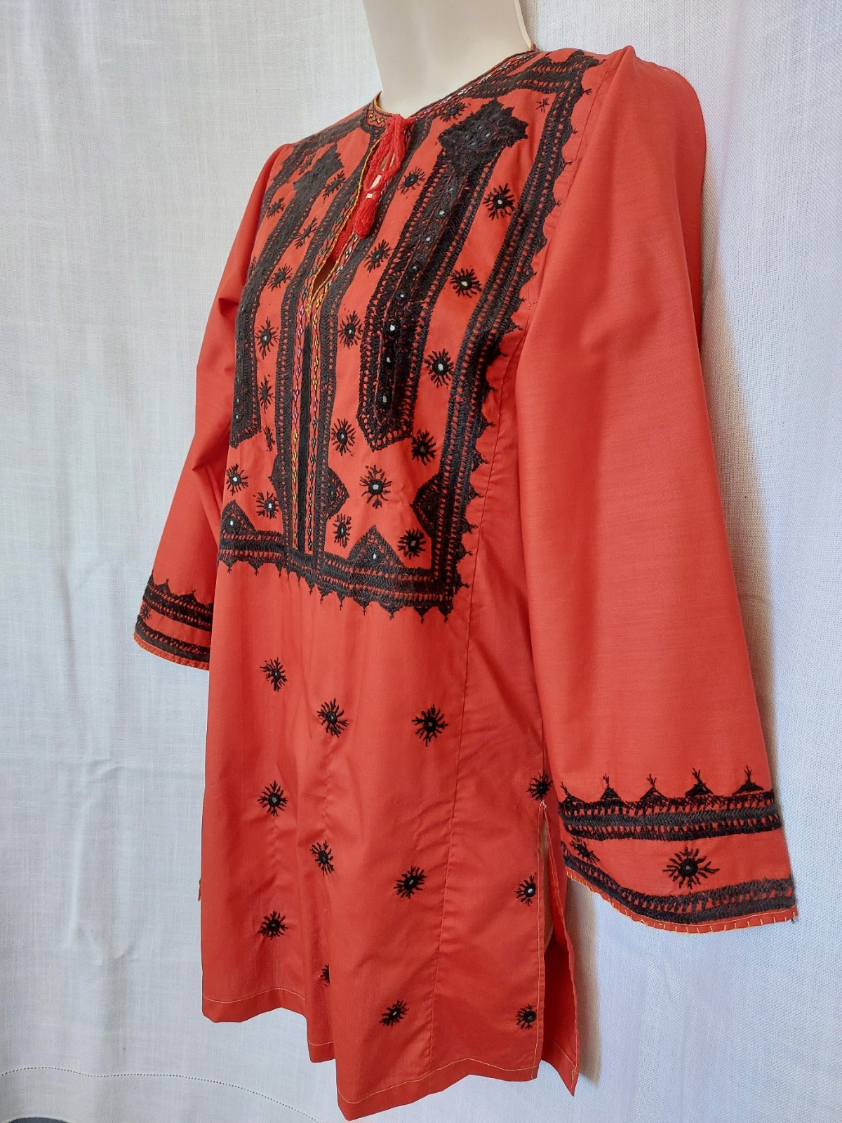 Boho Embroidered Tunic Dress Red/Black Kurta Tassel Folk Long Sleeve, S/M