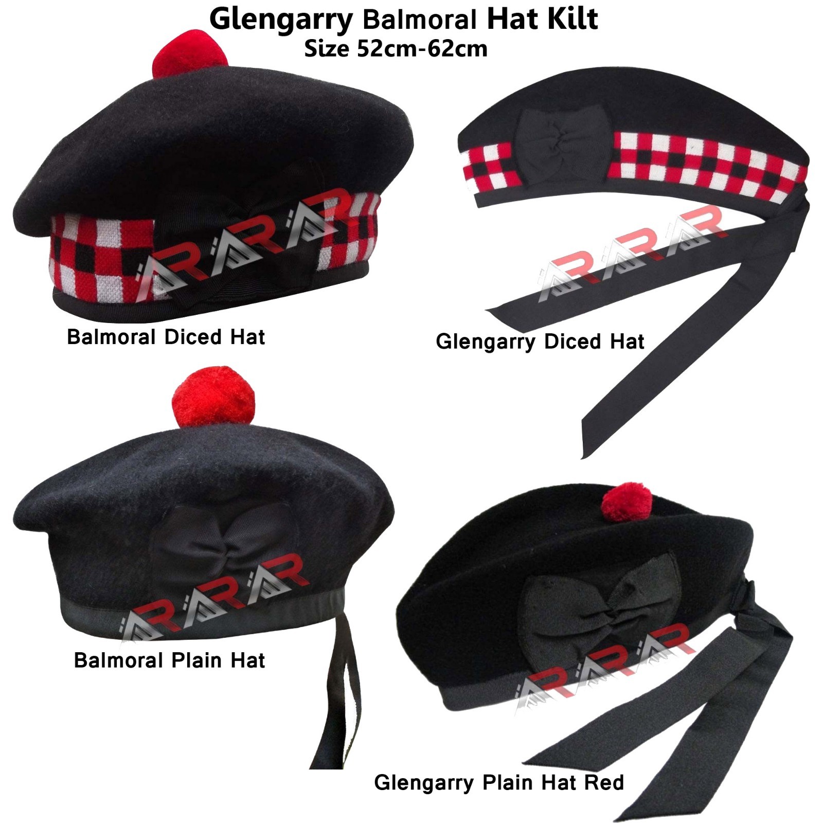 Men’s Scottish Glengarry Kilt Hats Diced & Plain 100% Wool Piper 52-62 AAR