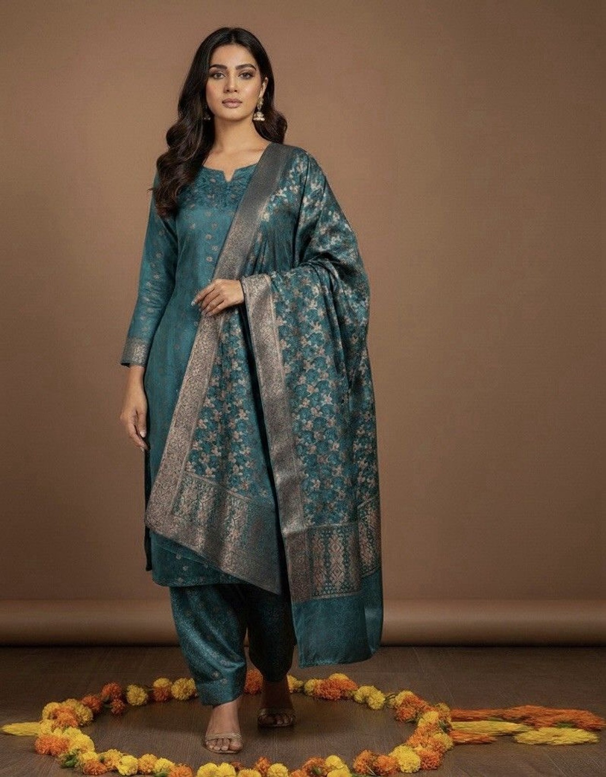 Silk Teal Salwar Kameez Set with Dupatta, Floral Pattern, Long Sleeve
