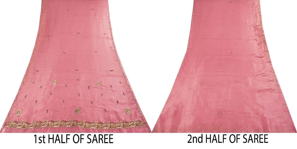 Sanskriti Vintage Saree Pink Art Silk Hand Embroidered Zardozi Fabric 6Yard Sari