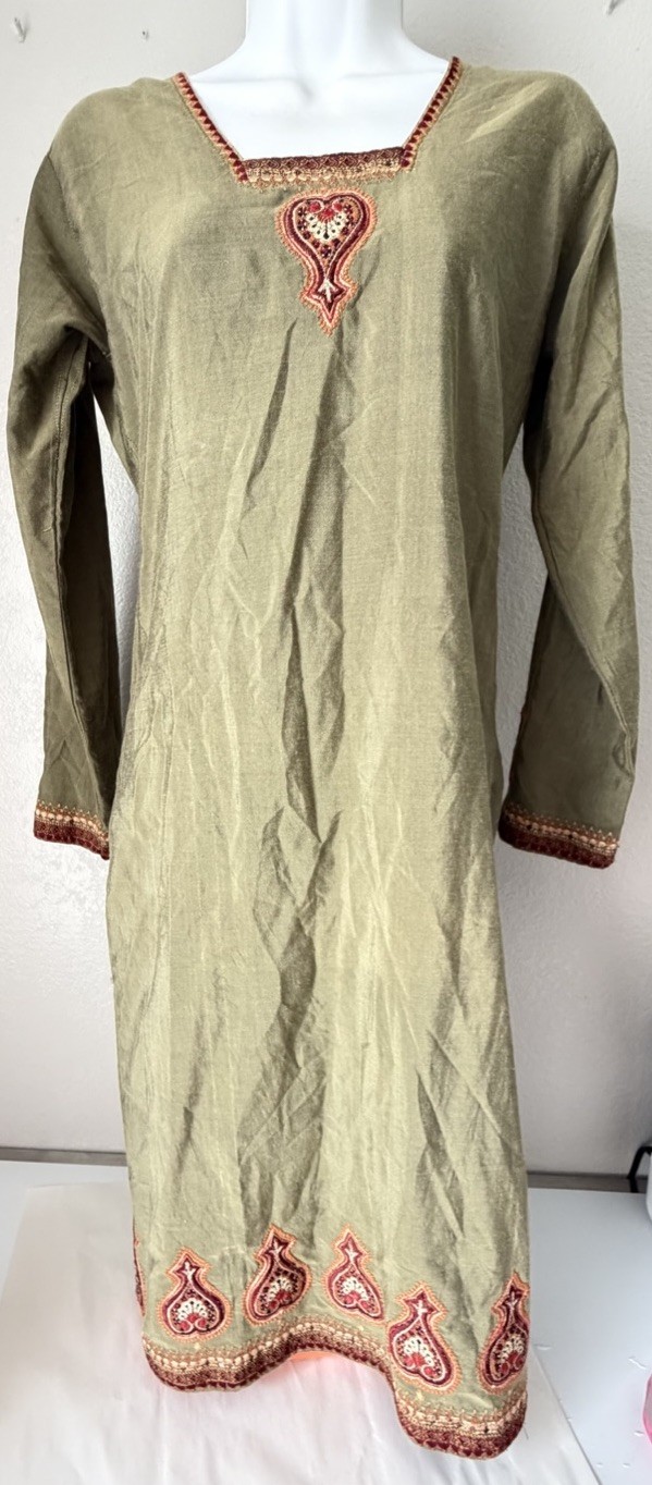 Unbranded Olive Green Tunic Dress Size Small Embroidered Indian Kurti Boho Top