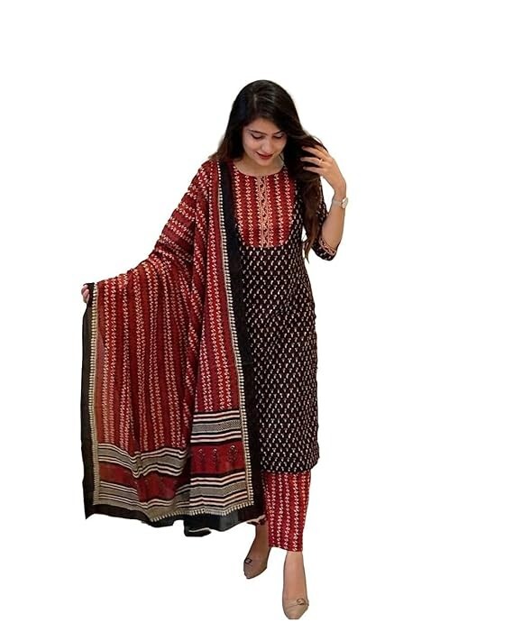 Traditional Women & Girls Round Neck Knee Length Cotton Kurti Pant & Dupatta Set