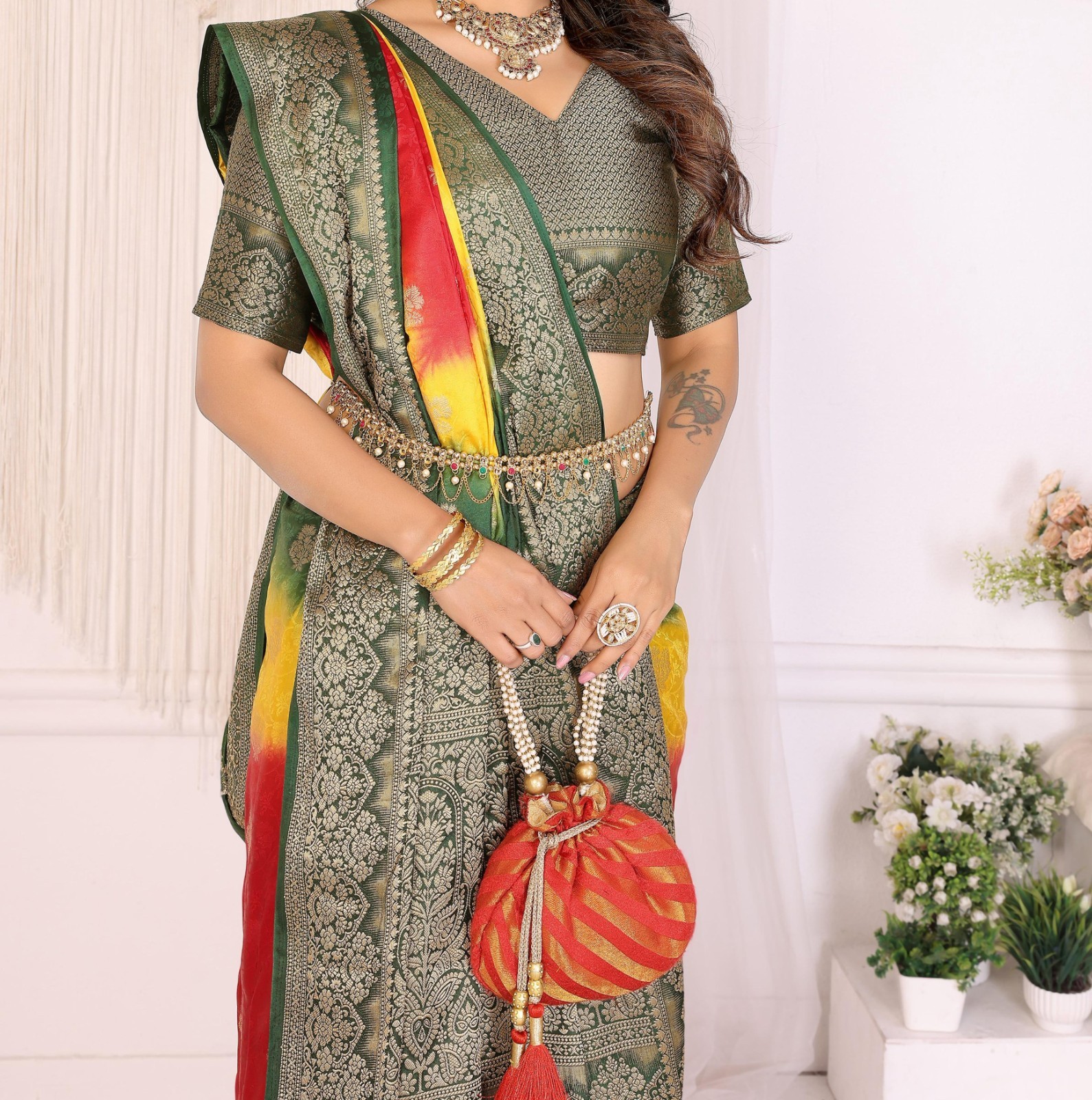 Buy 1 Get One Free Premium 3D Multi-Color Satin Silk Sari With Rich Zari Weaving