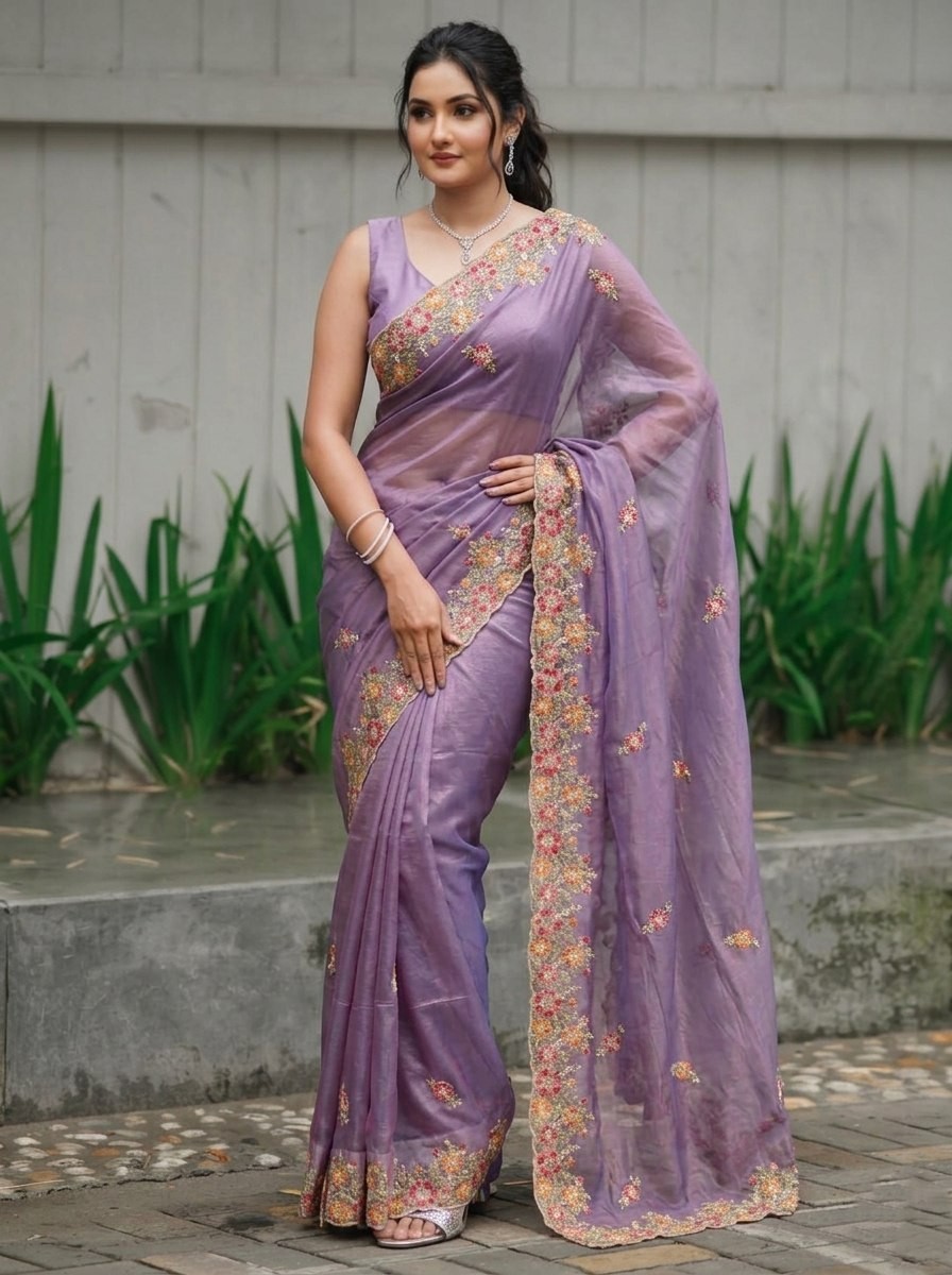 Soft Twill Net Embroidery Saree Wedding Party Wear Cutwork Saree Blouse