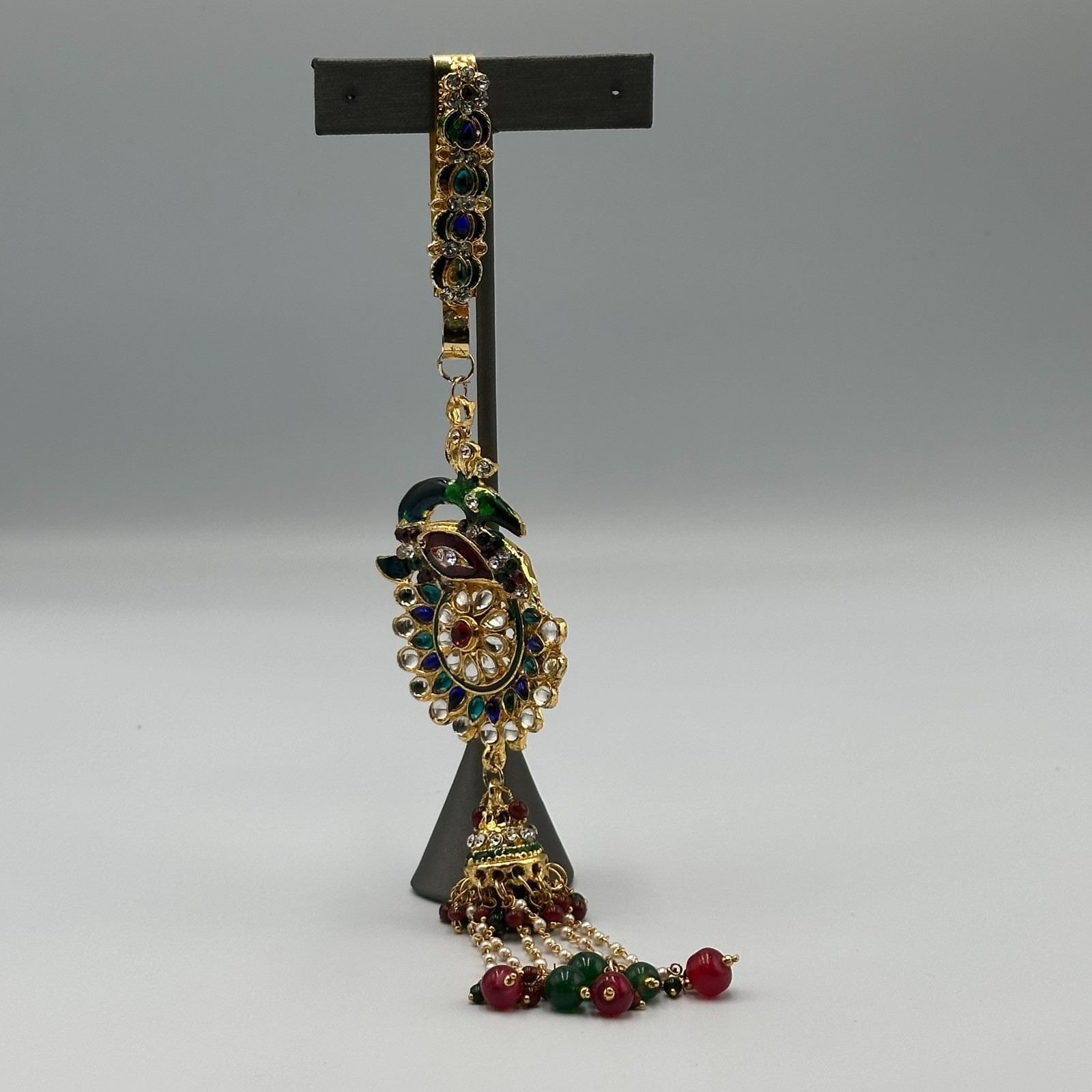 Kundan Sari Clip Gold Tone Meenakari Peacock Multicolor Beads Tassel