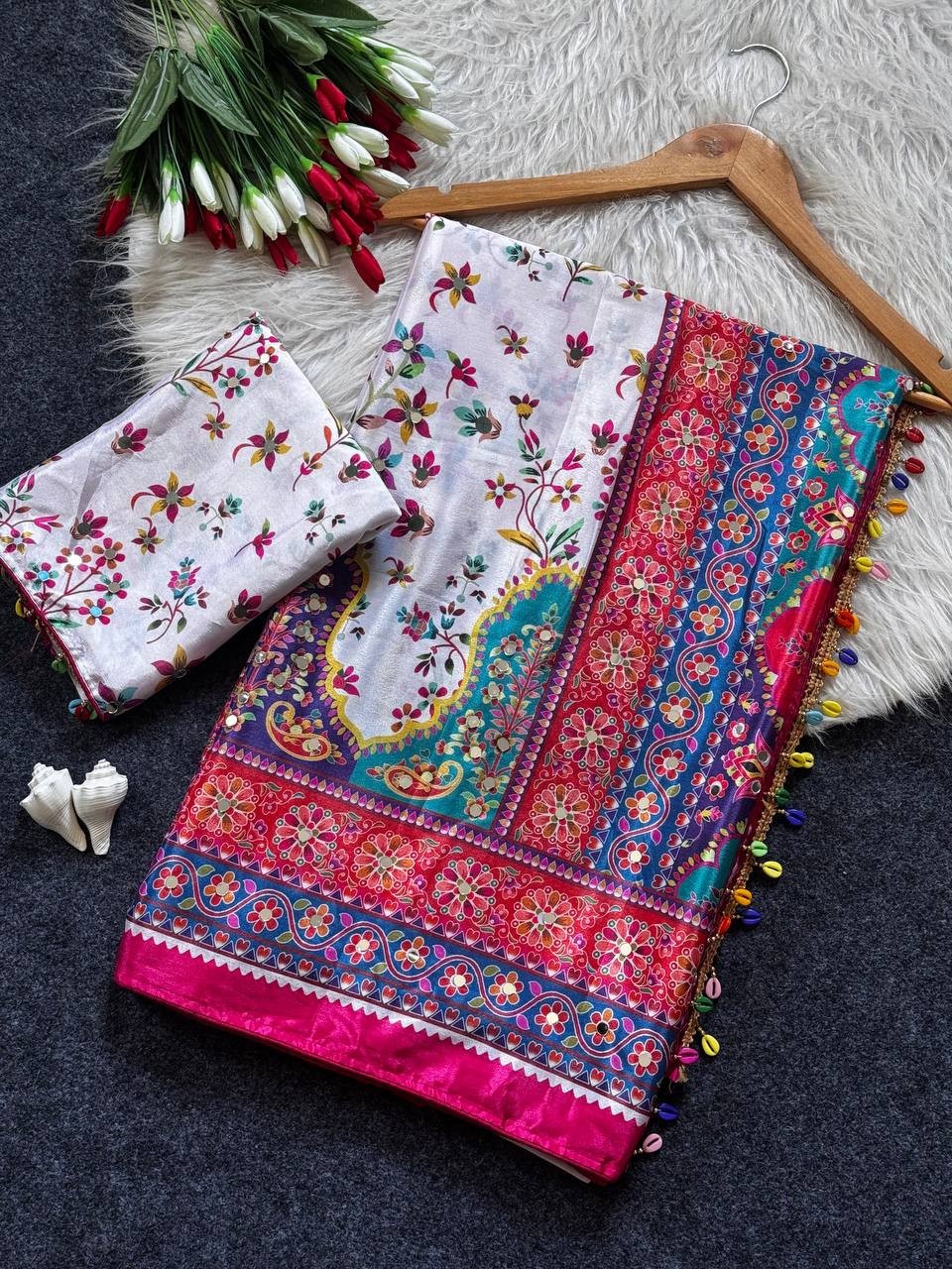 NEW Modal Silk Crepe Saree Position Print Real Mirror Work Piping Border Pallu