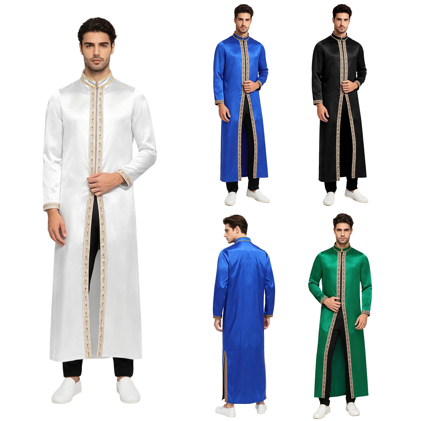 Men Gown Minister Costume Slit Hem Muslim Robe Choir Thobe Islamic Mock Neck