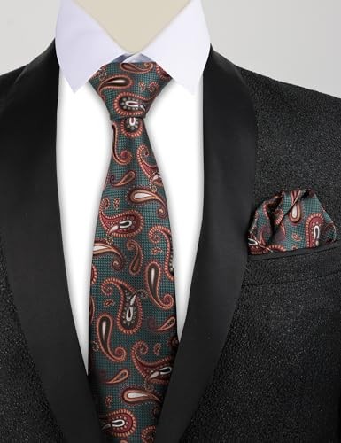 Mens Colorful Paisley Necktie and Pocket Square Sets 144-dark Green