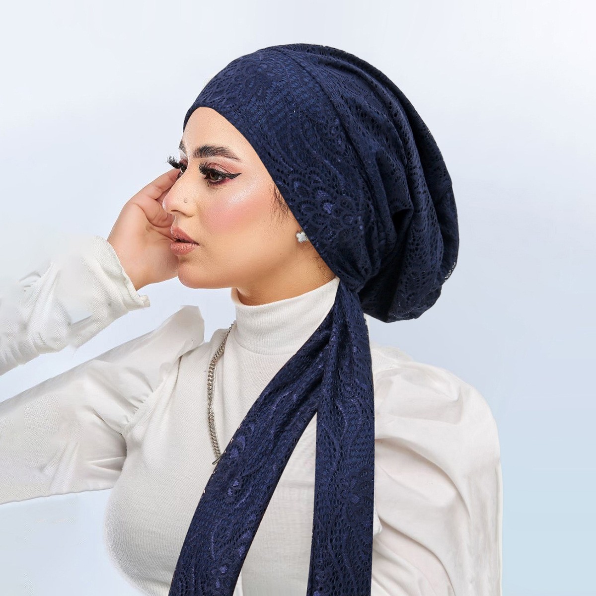Muslim Women Bonnet Cap Head Wrap Lace Crinkle Long Tail Pre-Tied Turban Hijabs