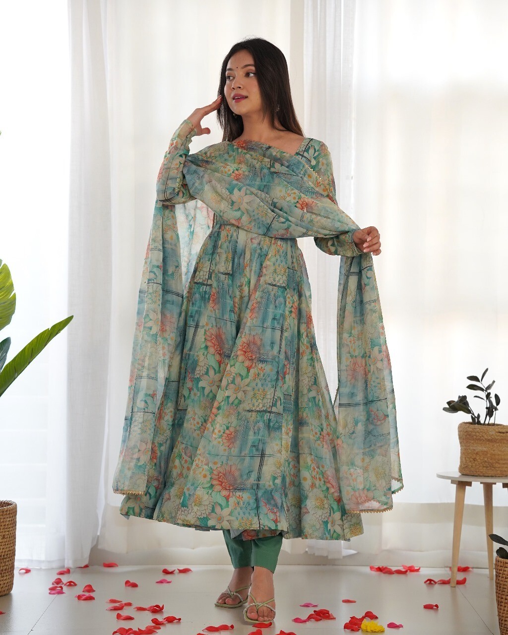 One Piece Floor Length Anarkali Pattern Gown Dupatta Bottom Trendy Stylish Dress