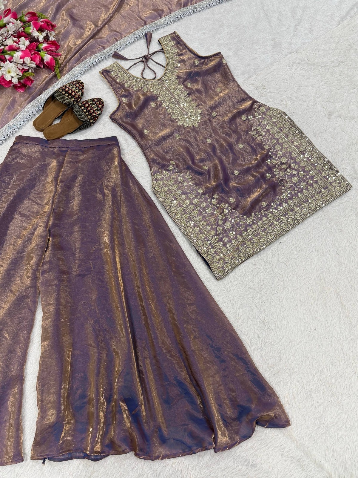 Attractive Purple Silk Top Palazzo With Dupatta For Party Wear
