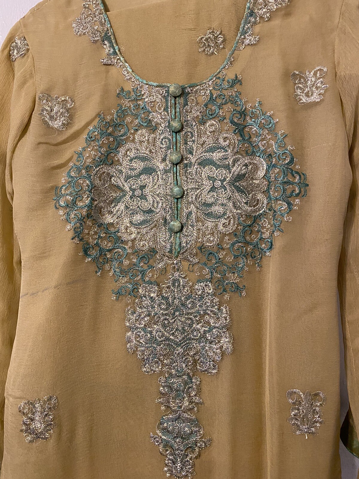 Golden Brown Mustard Beige Chiffon Stitched Party Wear Shirt Trousers Dupatta