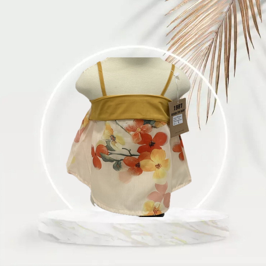 Beige Vietnamese Traditional Ao Yem with White Pants for Girl. Complete Set