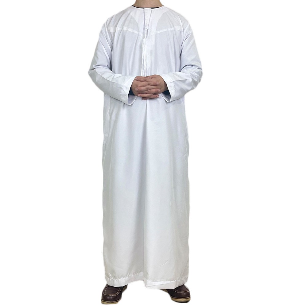 Arabic Dishdasha for Men Solid Color Abaya Round Neck Long Dress Kaftan Ramadan