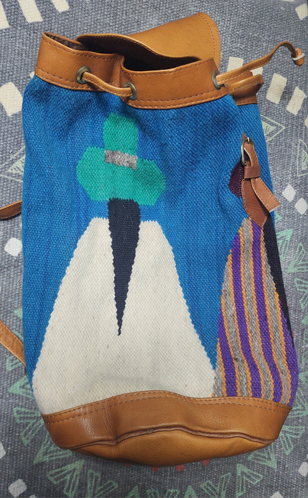 Original Peruvian Woven Wool & Leather Backpack. Three Amigos, adjustable straps
