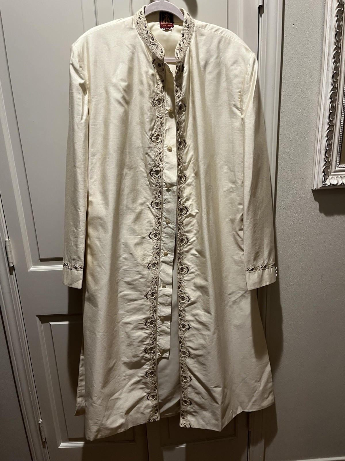 Men’s Traditional And Stylish Ivory Embroidered Long Formal Indian Sherwani 44