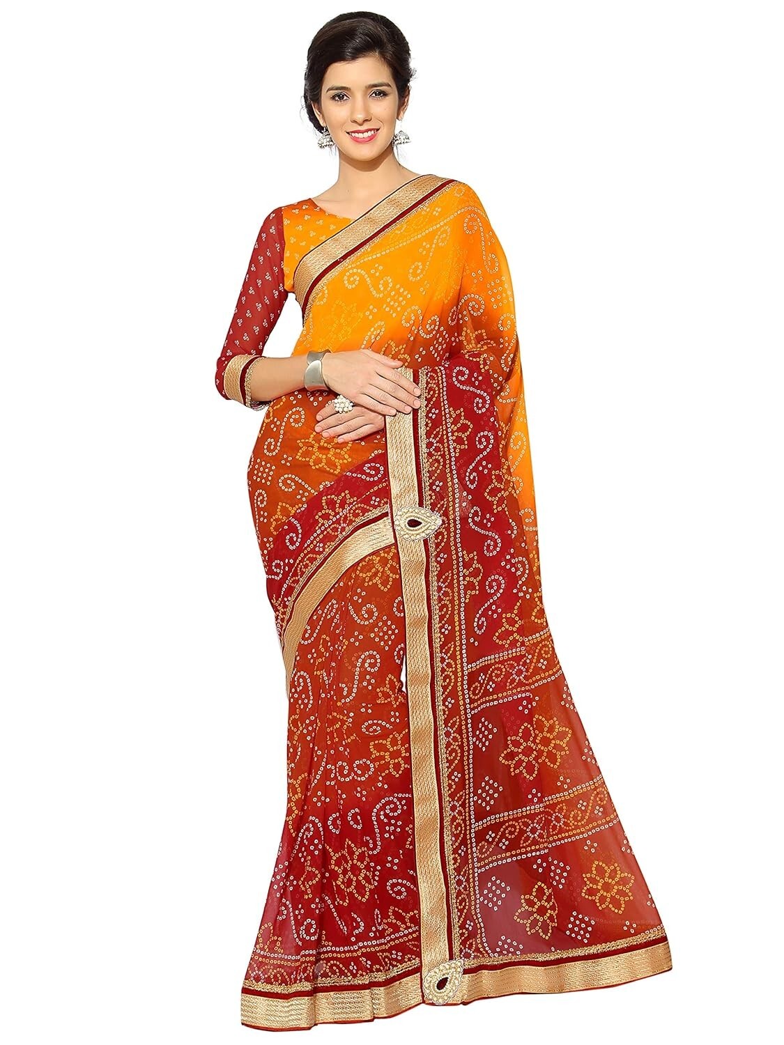 Women’s Georgette Traditional Printed Bandhani Sarees for Womens with Blouse
