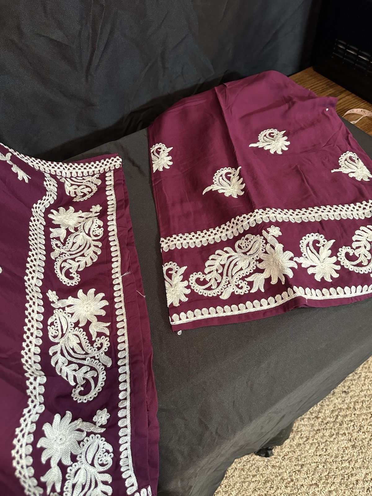 Beautiful soft linen Front & back emb-3 pc suit-emb plazo, laced dupatta-$44